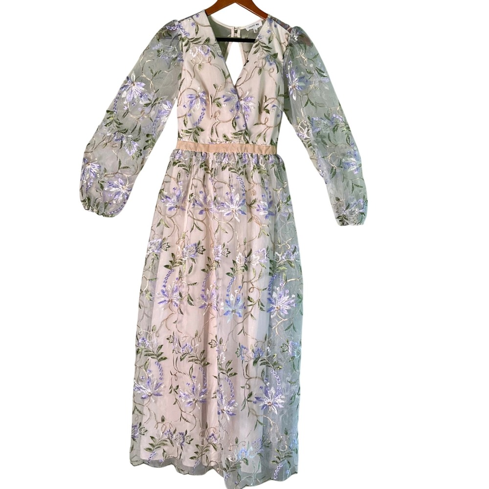 NWT Just Me Floral Embroidered Sheer Mesh Maxi Dress Small S Keyhole Cottagecore - Picture 2 of 16